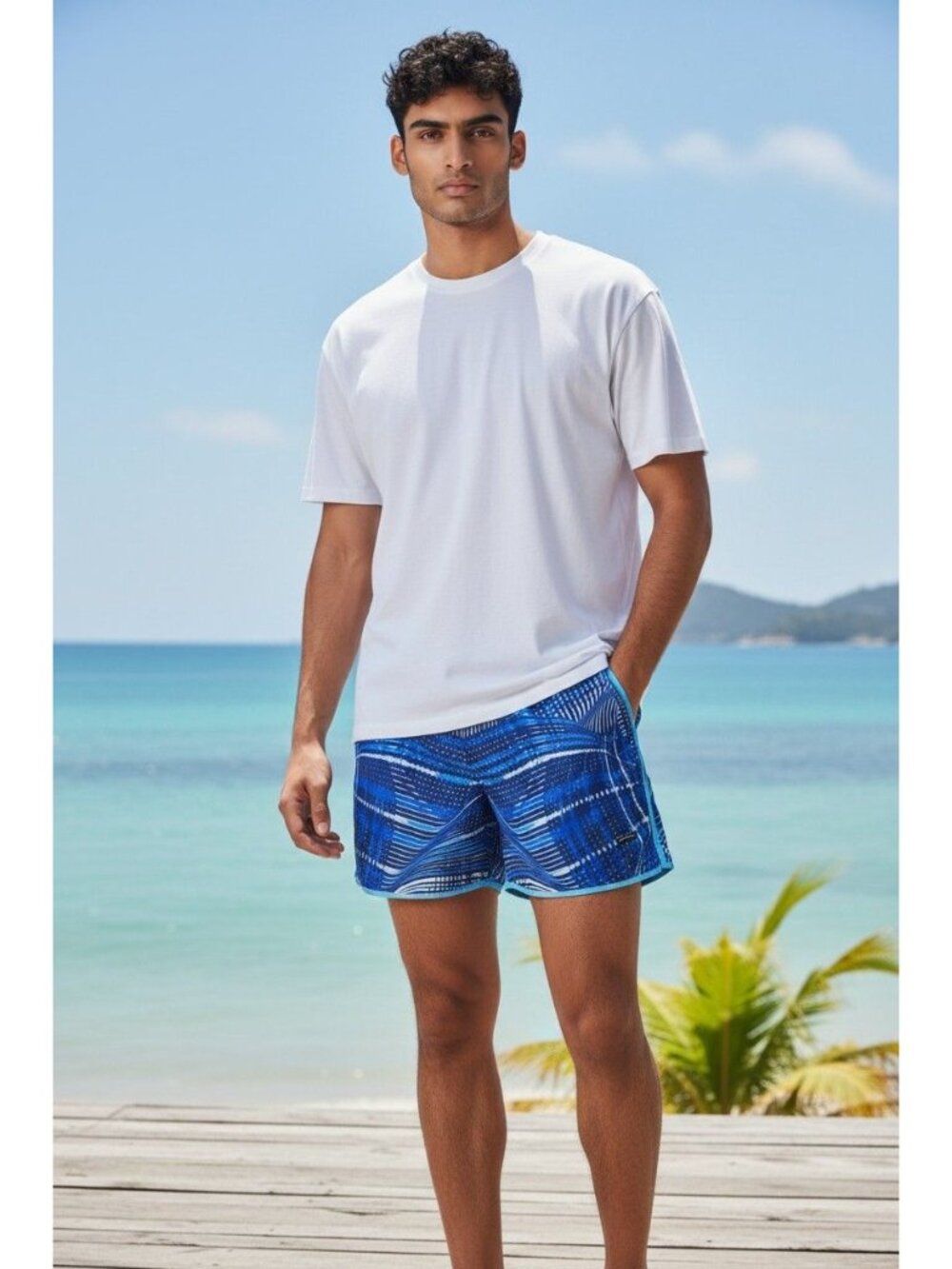 Parke & Ronen Mens Blue Geometric Swim Trunks Size 34 With Mesh Lining